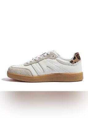 Women's White Athletic Sneakers with Leopard Heel Accent